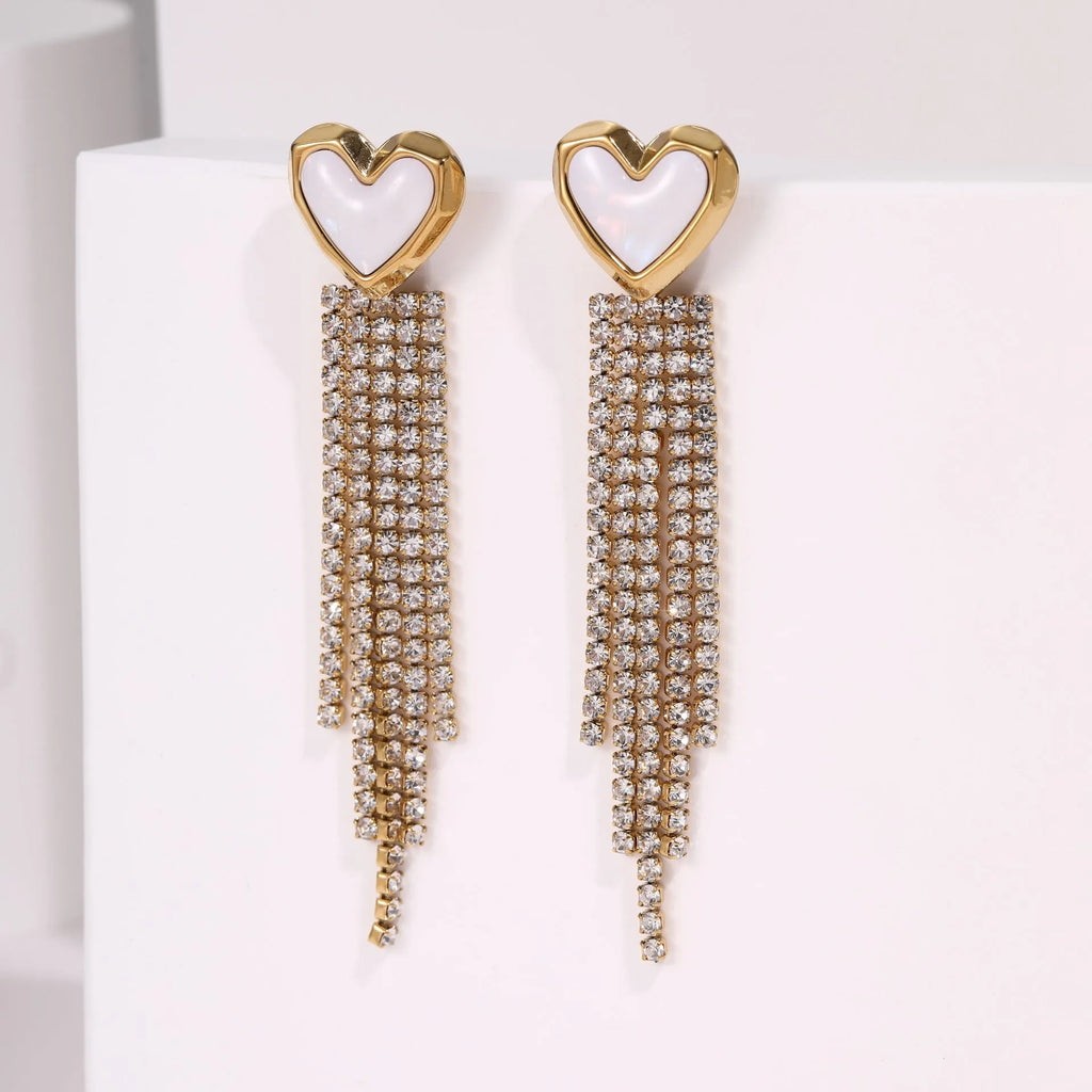 Women's stainless steel diamond tassel love earrings with heart shape and star geometric design elements