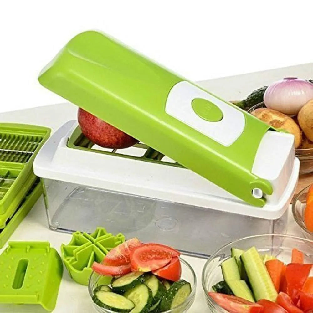Green 12-piece multifunctional vegetable chopper set with stainless steel blades, manual handheld design, on kitchen countertop