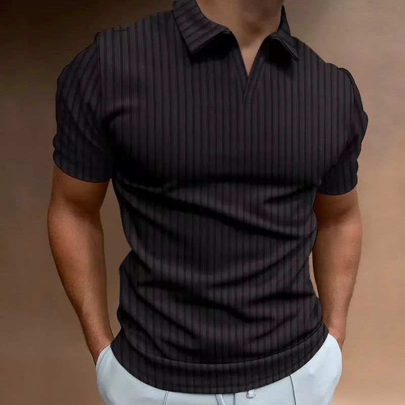 Men's striped V-neck polo shirt with high elastic short sleeves in cotton blend, available in multiple colours and sizes