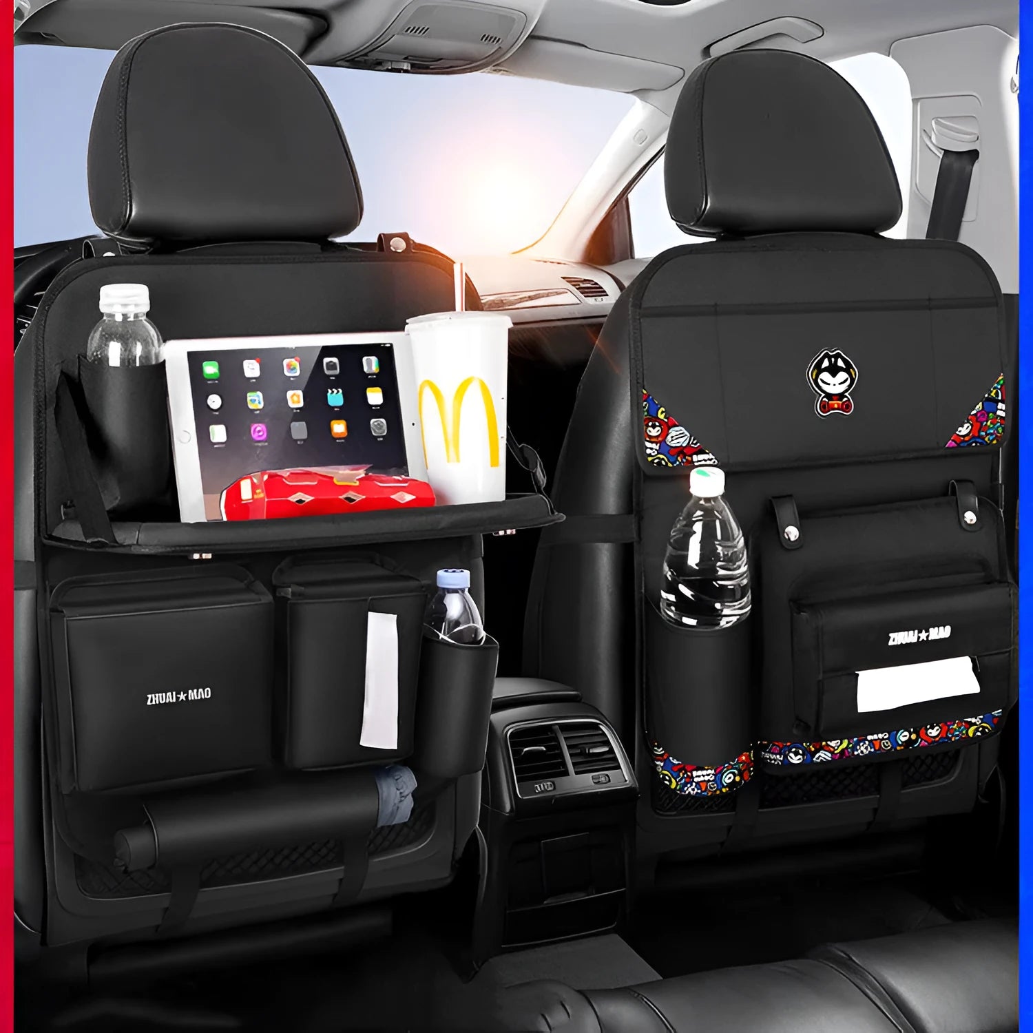 Pull Cat car seat back hanging storage bag in Oxford cloth and leather, 59x42cm, with dining table and tissue box option