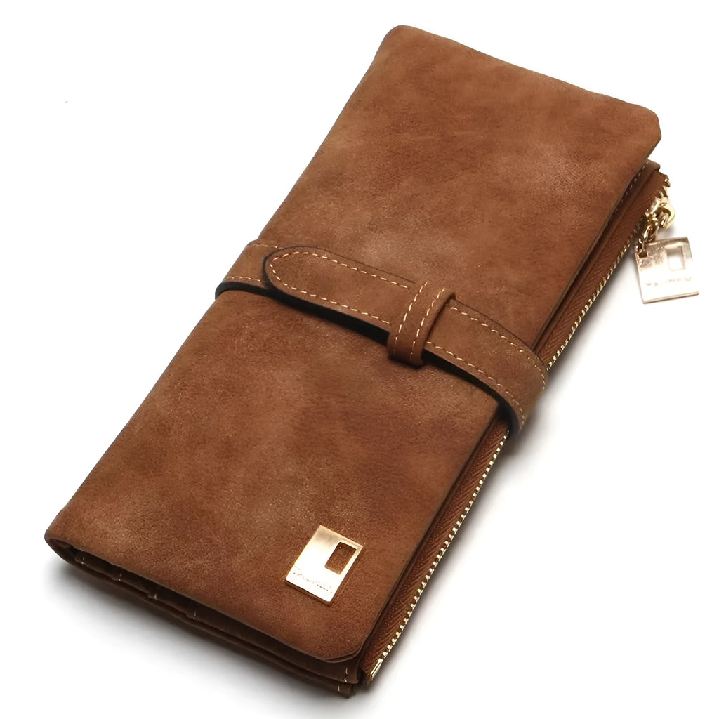 TAUREN brand retro matte PU leather long wallet for women showing two-fold design and multiple compartments