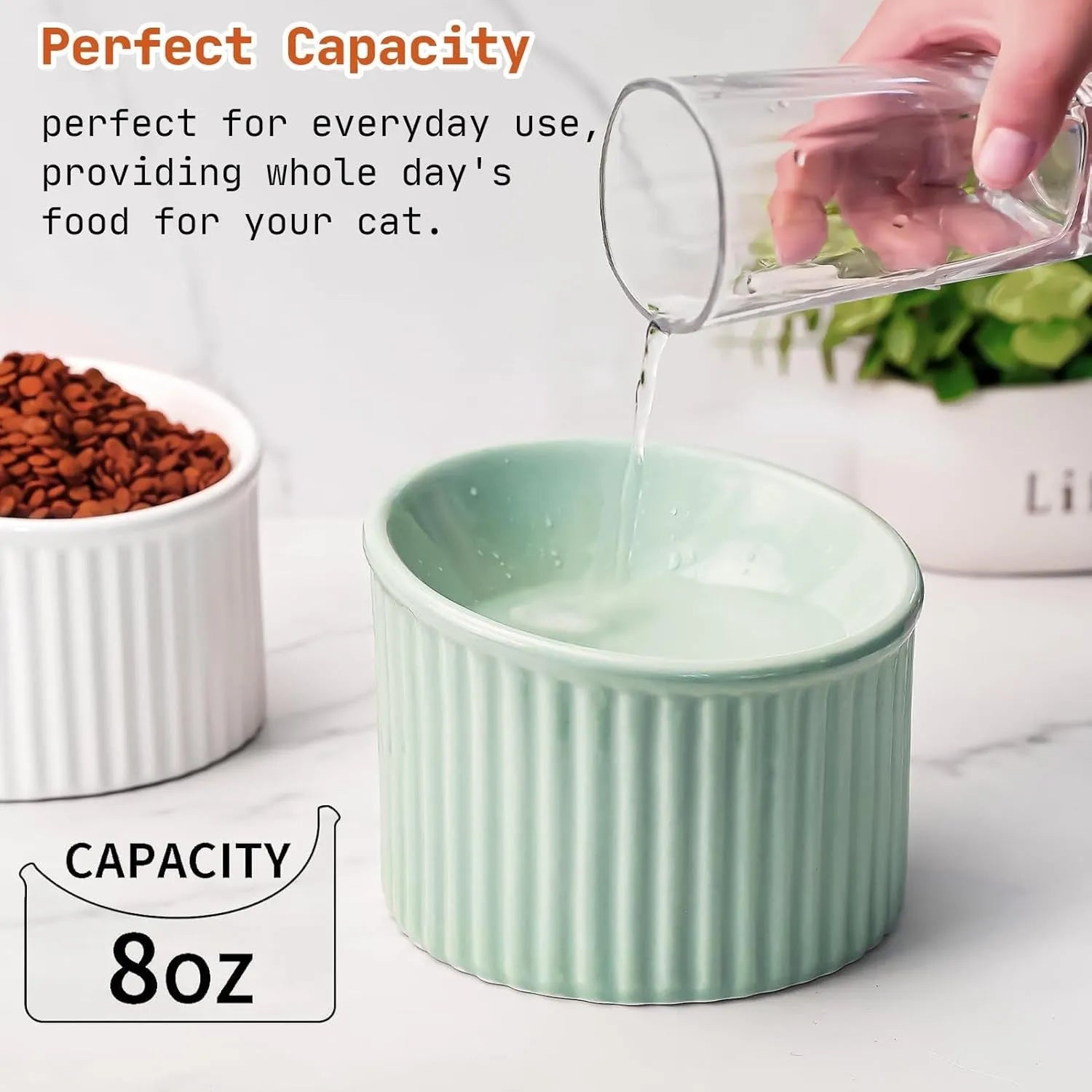 A dark green ceramic elevated cat bowl with a tilted, round rim on a wooden surface.