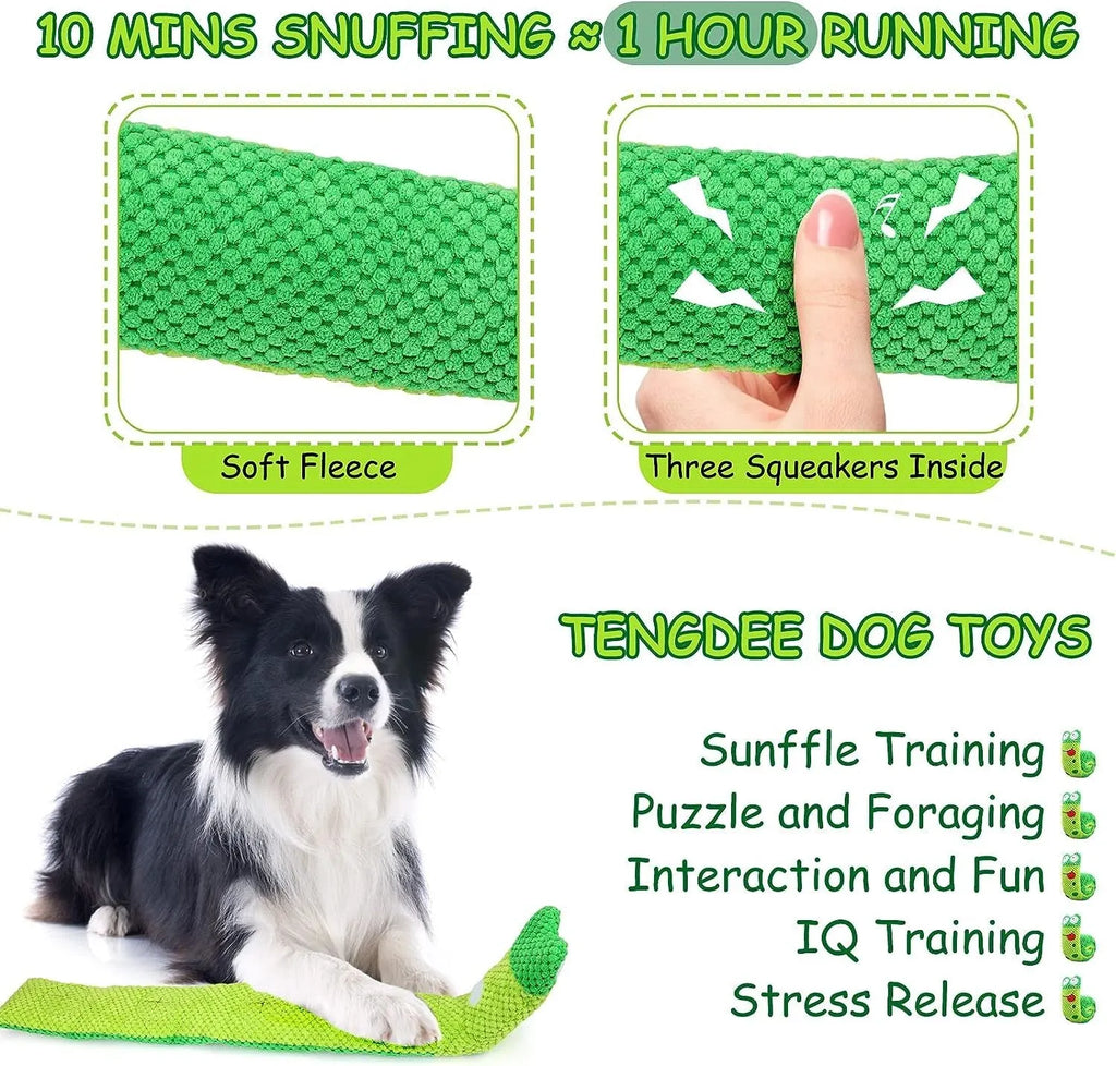 Squeak dog puzzle toy in frog, snail, or snake design with foraging holes