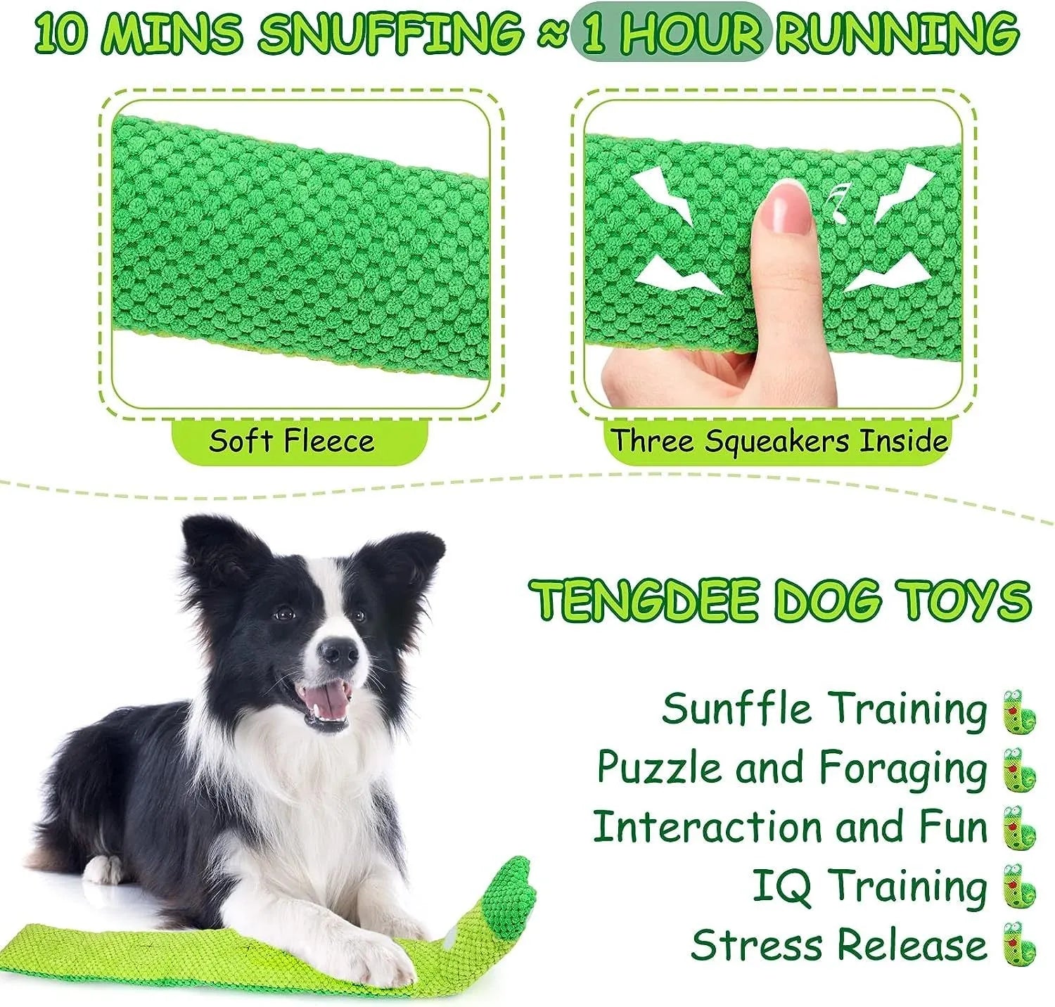 Squeak dog puzzle toy in frog, snail, or snake design with foraging holes