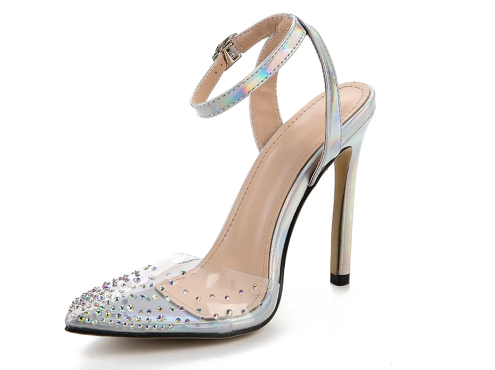 Silver glitter pointed-toe women's sandals with stiletto heels and diamond detailing.
