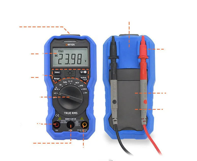 Handheld digital multimeter with NCV voltage sensing and test leads on white background