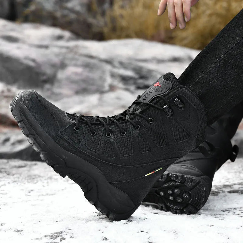 Hi-top hiking shoes with cowhide fabric construction available in black, brown, and beige colours