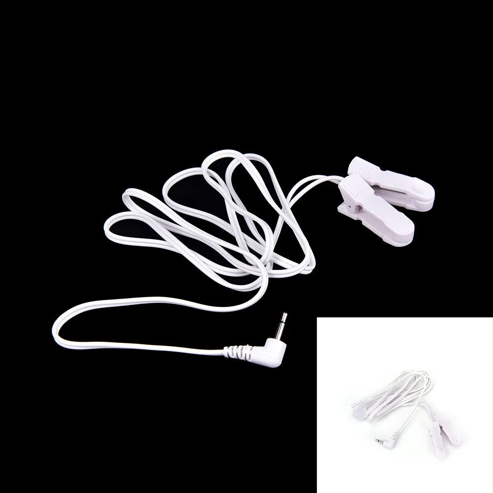 White massage ear clip with 3.5mm electrode wire for TENS machine, two clips included, handheld control