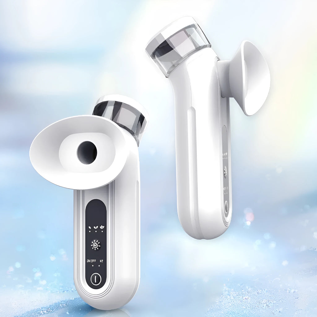 White portable eye care device with hot compress and atomisation functions on display