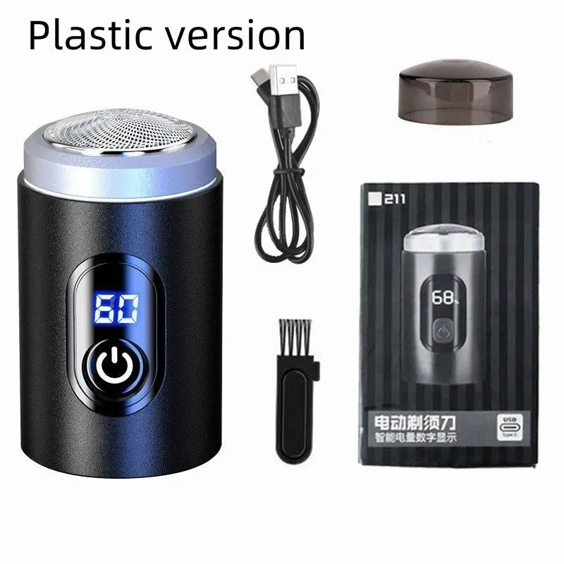 Black portable USB rechargeable shaver with LED display and cleaning brush