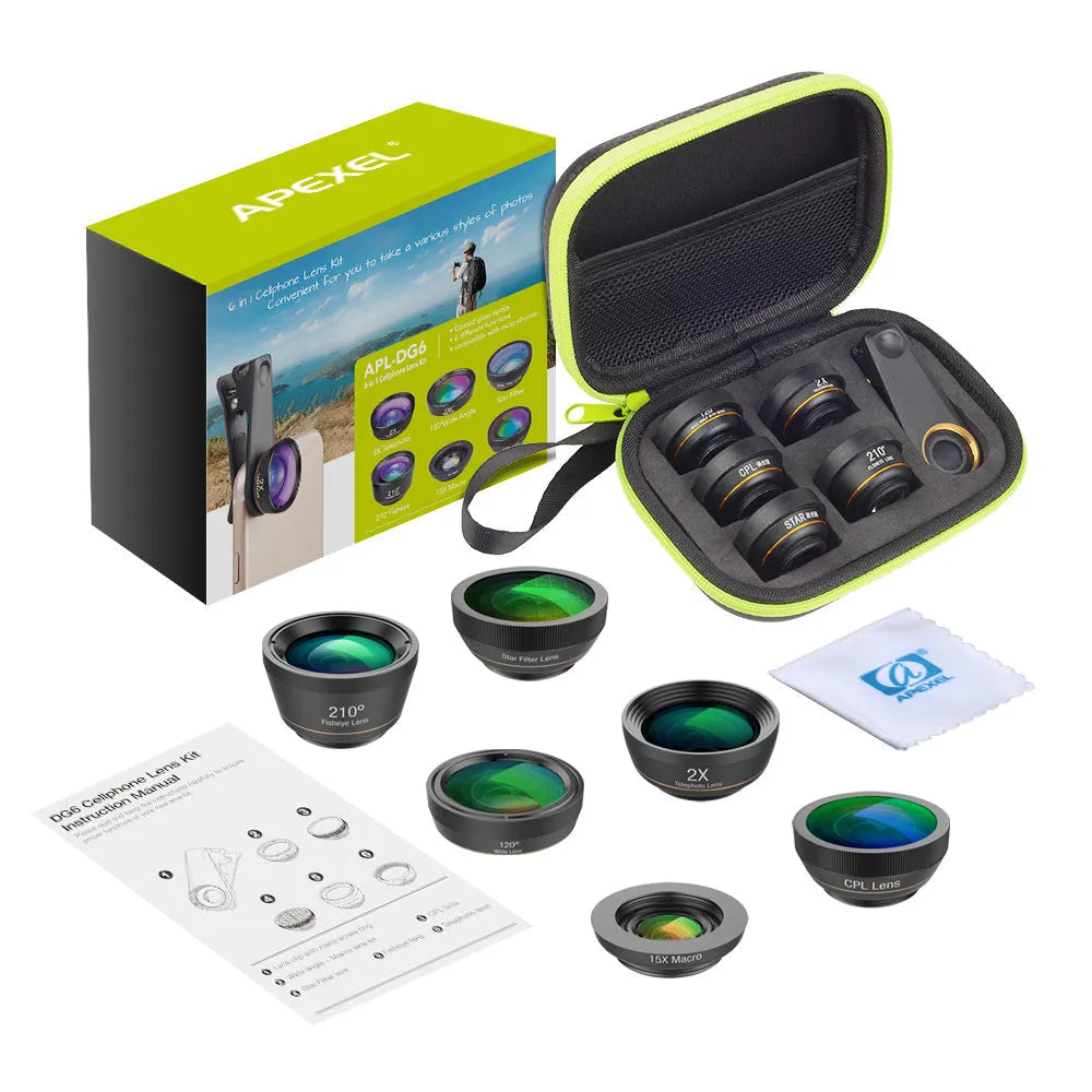 Black 6 in 1 mobile phone lens kit with fisheye, telephoto, wide-angle macro, CPL and star filters in EVA case.