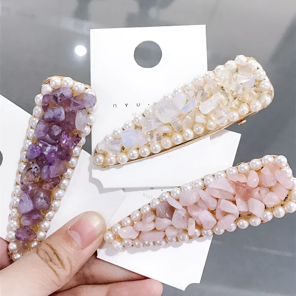 Crystal stone hairpin with metal base, 8cm length, available in four colours green, pink, purple, yellow