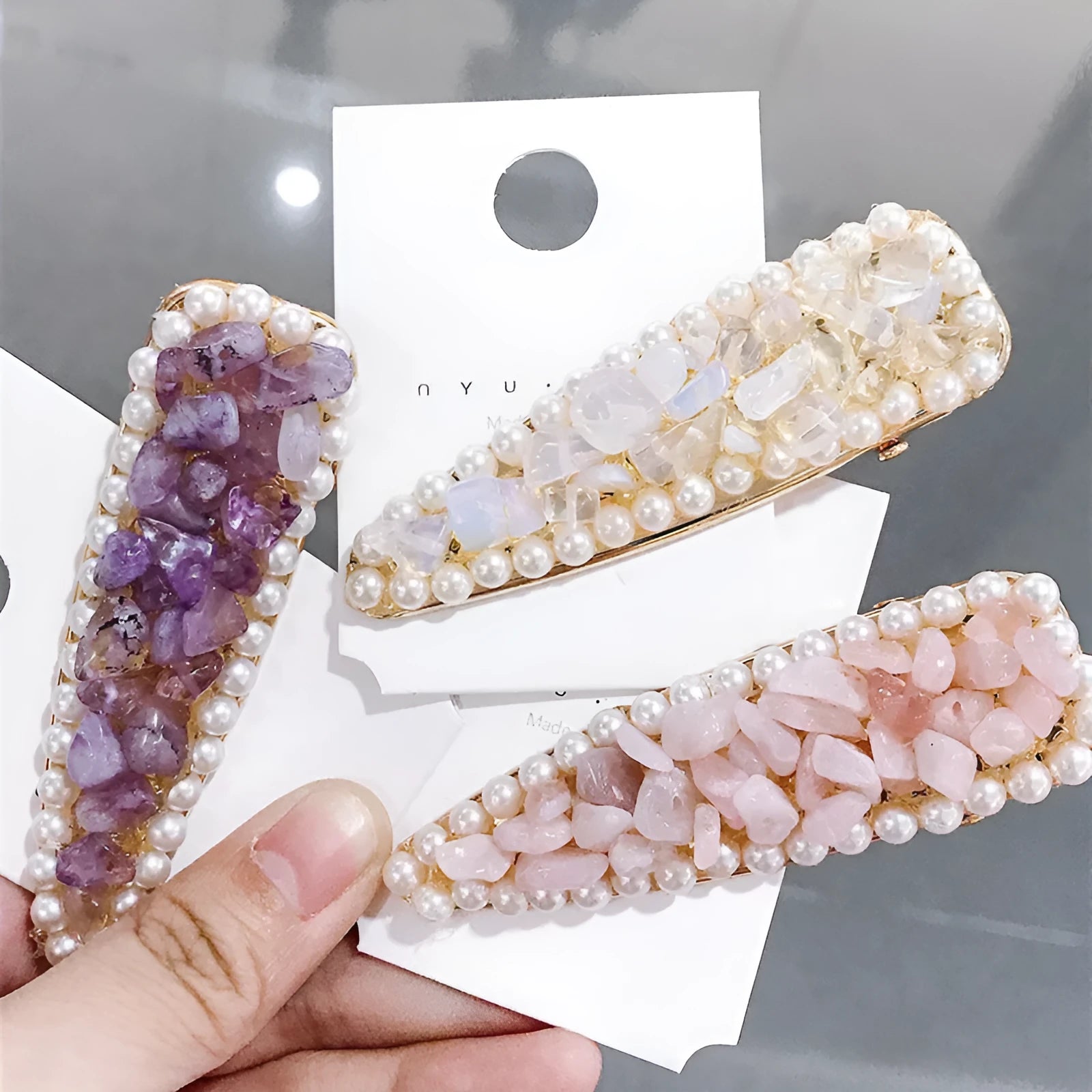 Crystal stone hairpin with metal base, 8cm length, available in four colours green, pink, purple, yellow