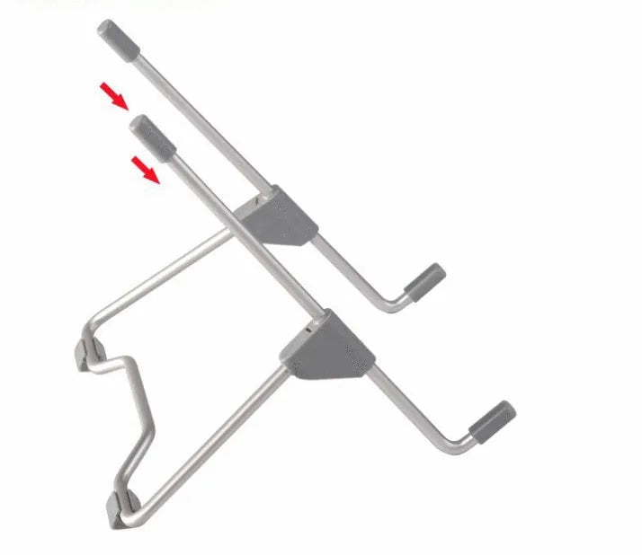 Grey aluminium alloy mobile phone stand with adjustable angle, holding a smartphone
