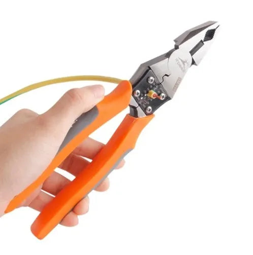 Orange 9-inch multi-function wire cutter pliers with alloy steel jaws and PVC grips.