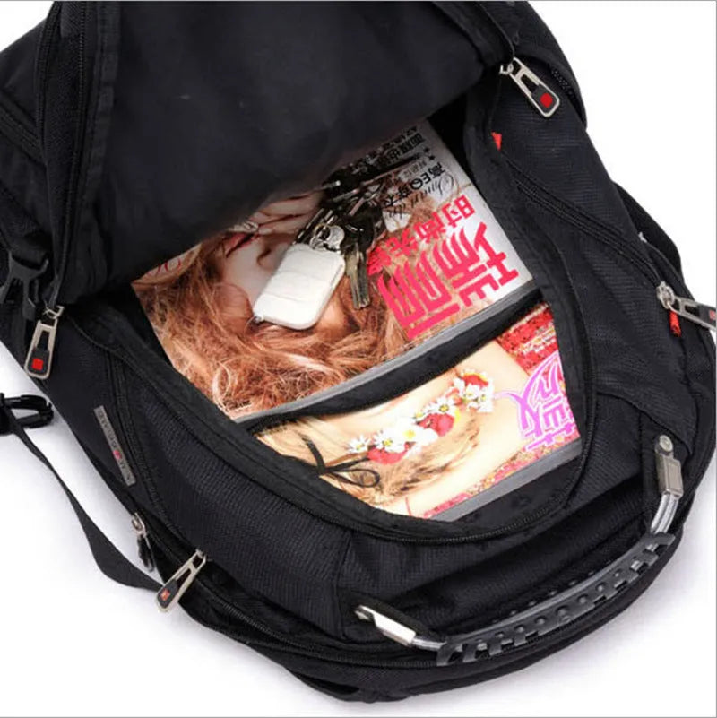 Black 38-litre business laptop backpack with three compartments and multiple pockets for organisation.