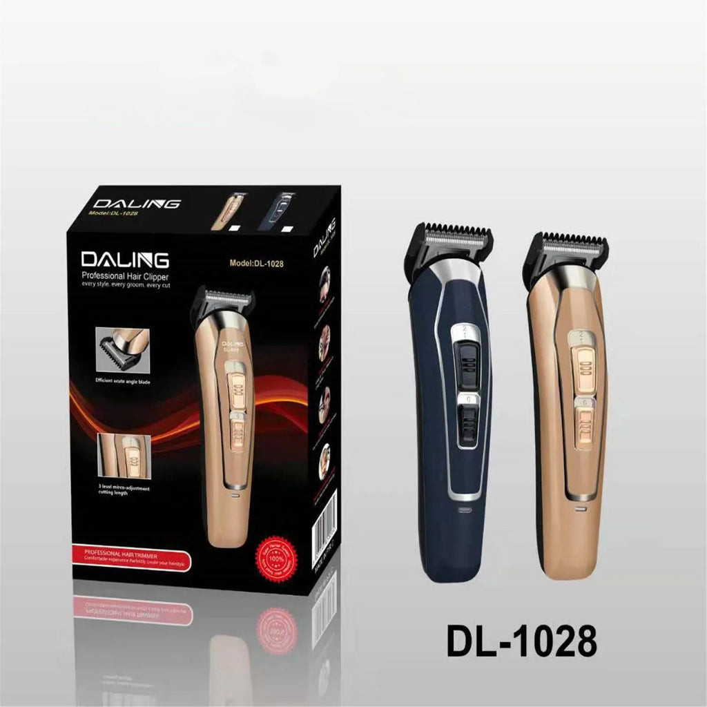 Rechargeable dark blue and coffee coloured electric hair clipper with stainless steel blades