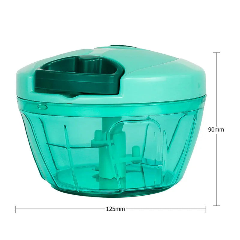 Green manual kitchen chopper with three blades, 500ml capacity, and compact design