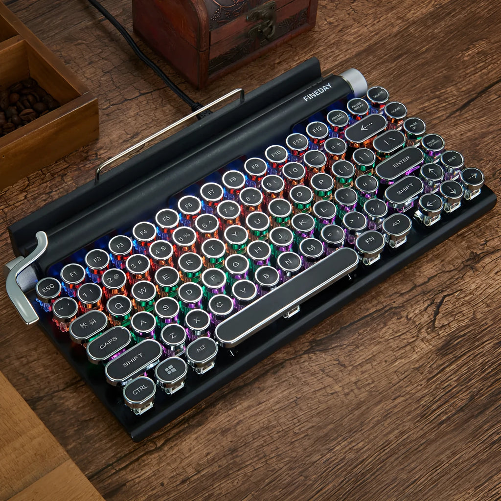 Black Dot retro typewriter mechanical keyboard with backlit keys on metal base