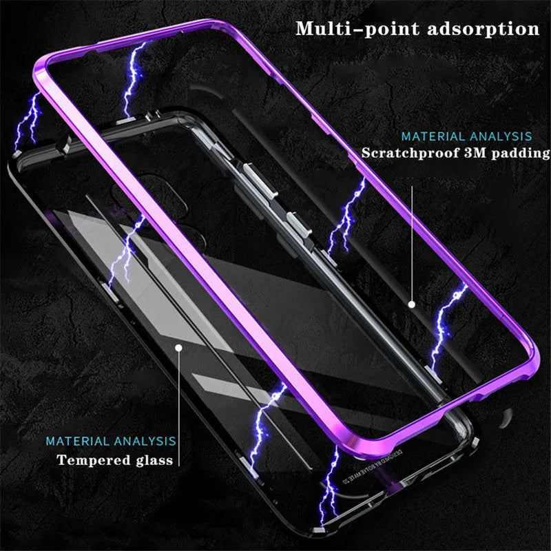 Magnetic metal phone case with tempered glass back for Huawei and Honor smartphones