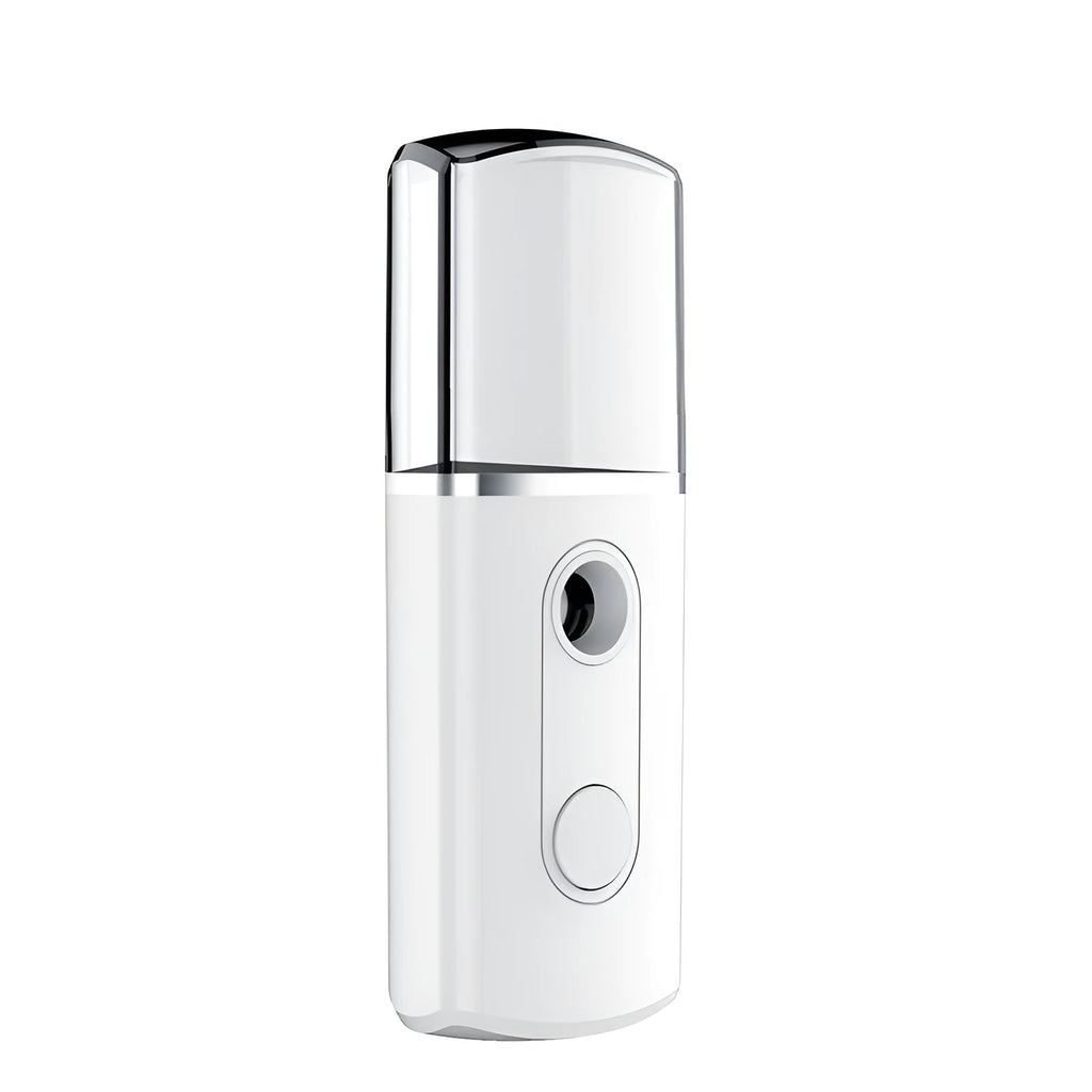 Portable facial nano mist humidifier in white, 10cm long, with 20ml water tank and USB cable