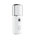 Portable facial nano mist humidifier in white, 10cm long, with 20ml water tank and USB cable