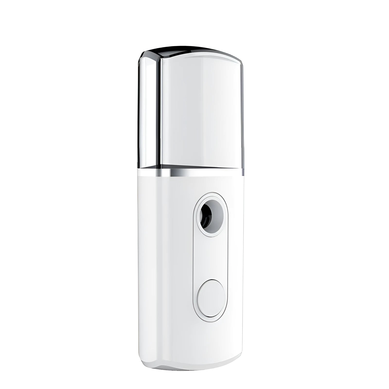 Portable facial nano mist humidifier in white, 10cm long, with 20ml water tank and USB cable