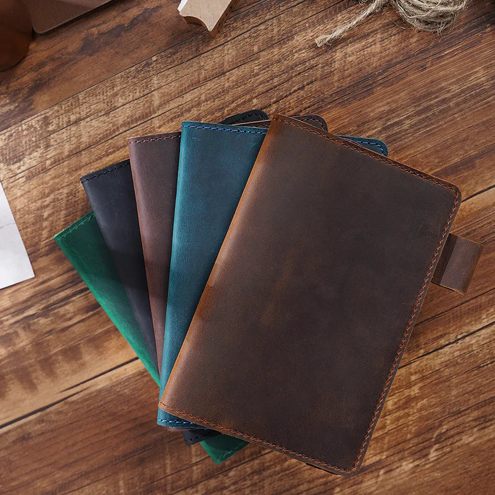 Handmade old-fashioned kraft notebook with dark green cowhide cover, A6 size 9x14cm, 100 sheets