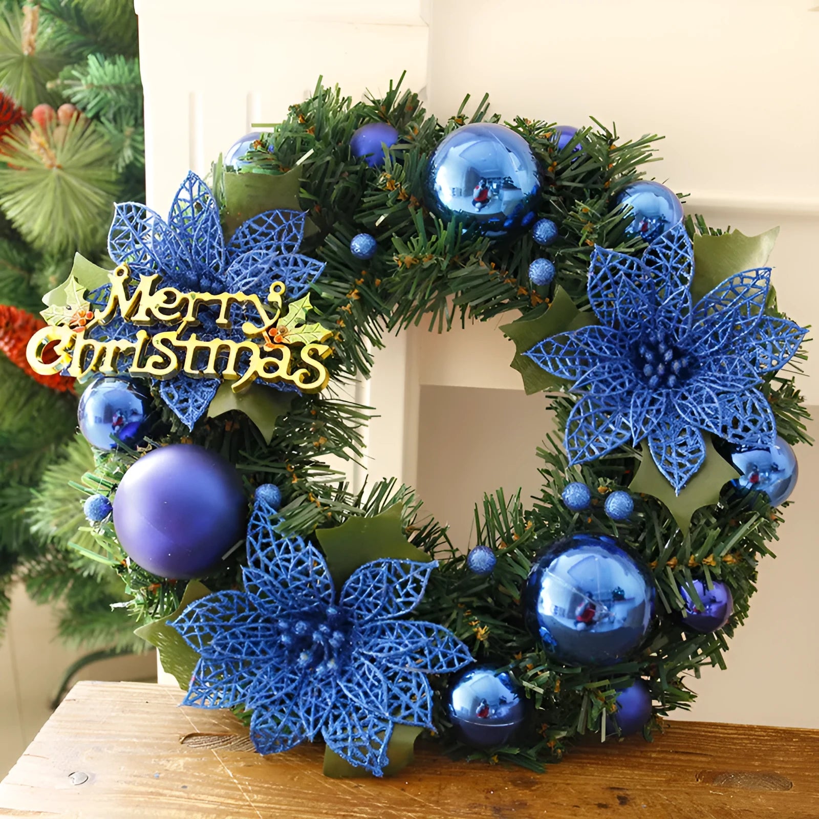 30cm multicolour plastic Christmas wreath for door decoration in red, gold, silver, blue, pink, or purple