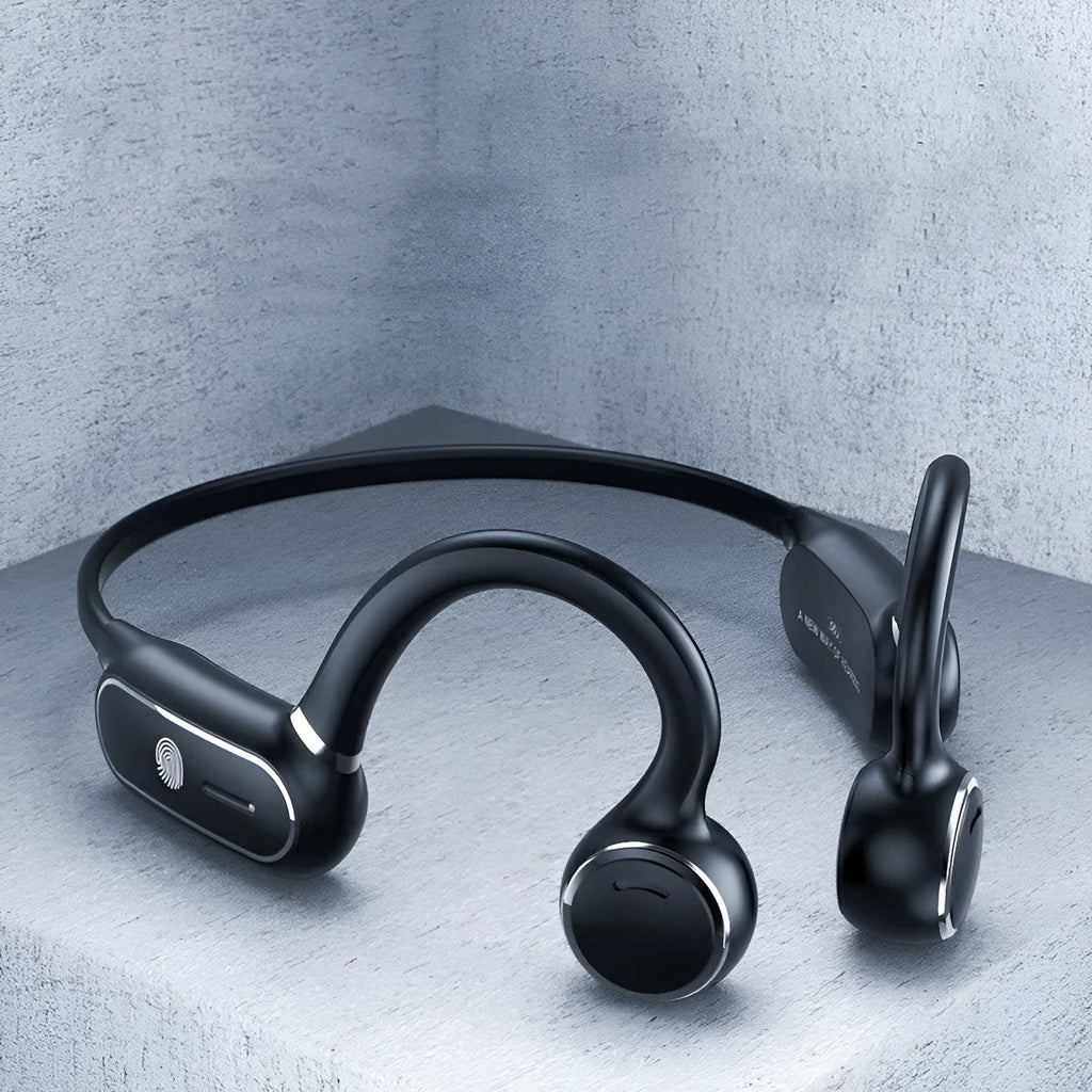 Black air conduction wireless earphone with ear-hooking design and touch controls.