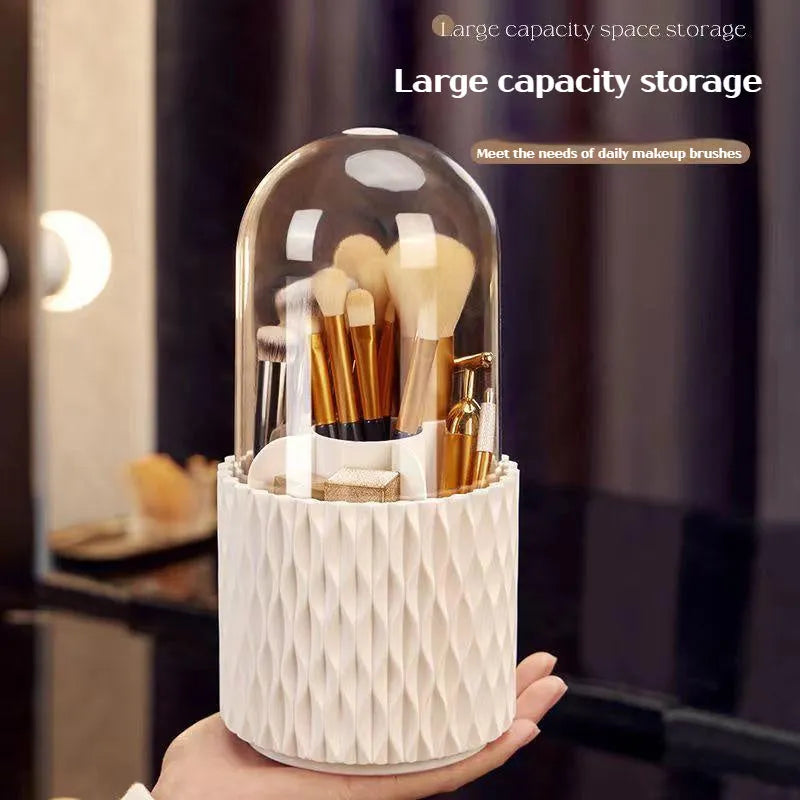 White acrylic makeup brush storage box with transparent dust cover and rotating design