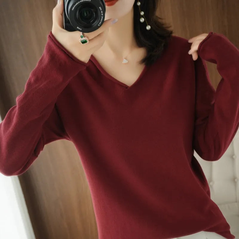Women's V-neck long sleeve knitwear top in turmeric colour, pullover style, non-iron fabric