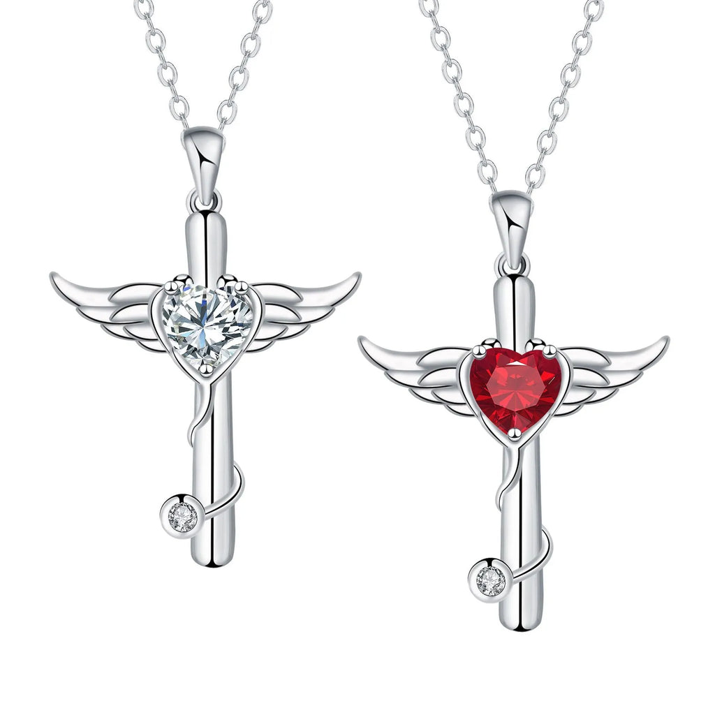 Wings cross stethoscope pendant necklace in copper with electroplated white or red diamond finish.