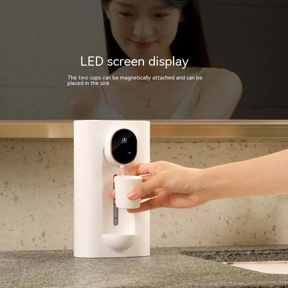 Automatic mouthwash dispenser in milky white with two magnetic cups, wall mounted in bathroom, 540ml visible tank