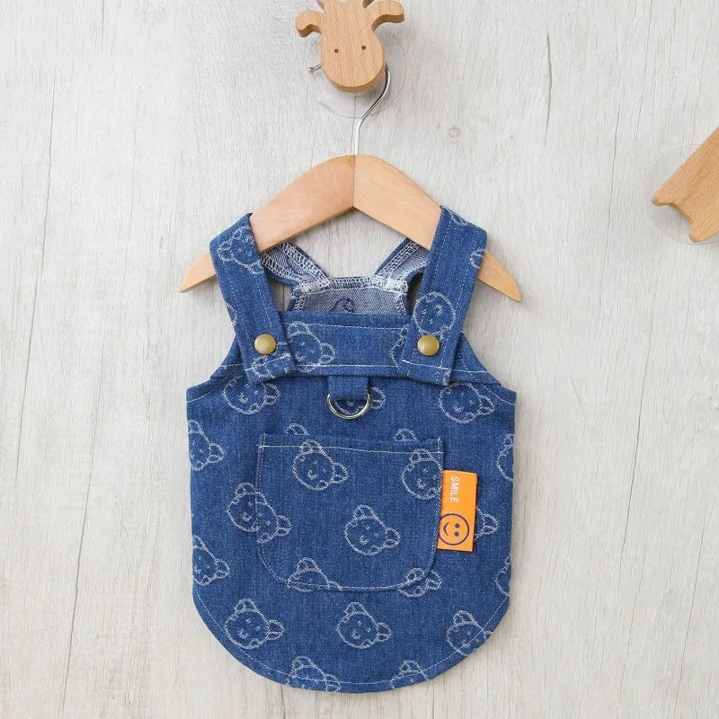 Teddy Bichon dog wearing denim princess dress with bracket skirt detailing