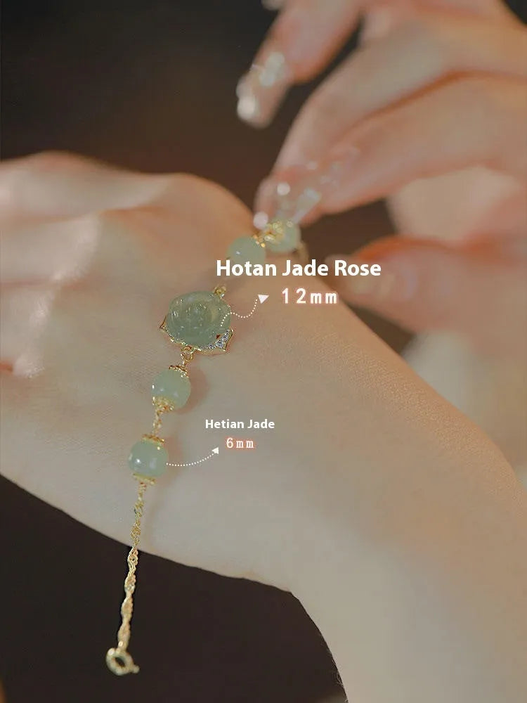 Hetian jade rose 14K gilded women's bracelet with handmade flower motif in national style
