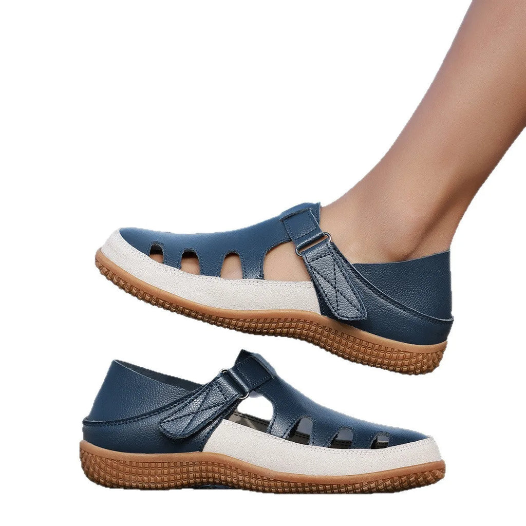 Plus size women's flat heel sandals with hollow toe cap in blue, quick-drying waterproof PU upper, thick rubber sole