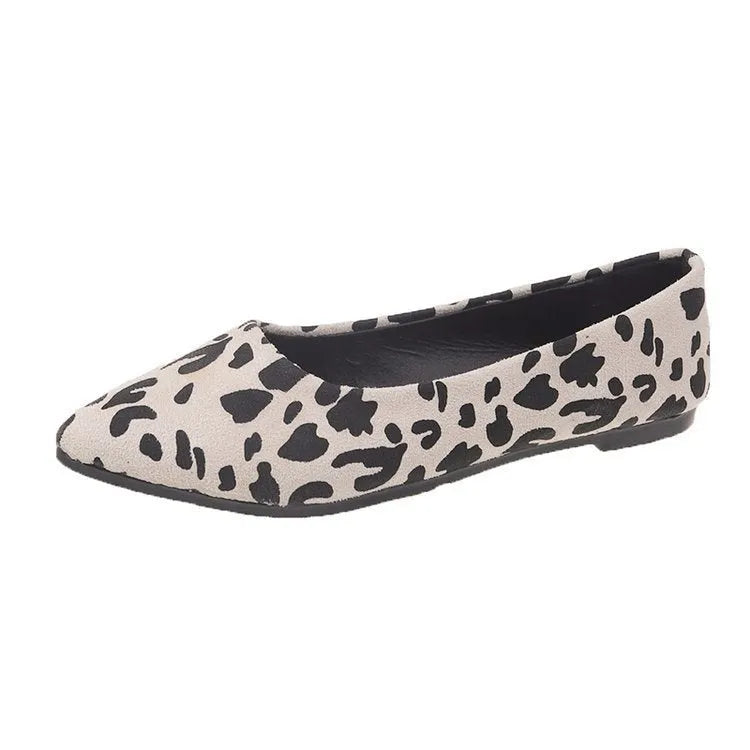Women's flat pointed toe pumps with leopard print, cotton cloth upper, and low flat heel