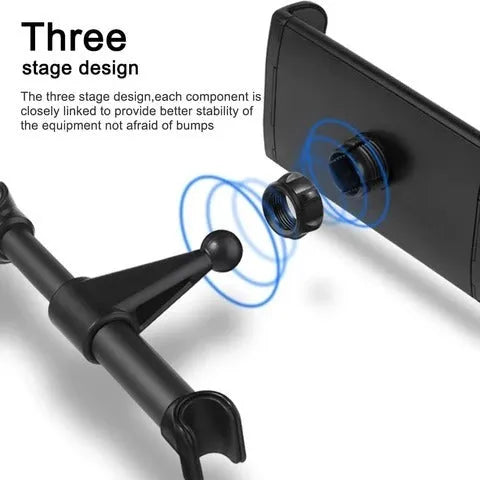 Black plastic car phone holder mounted on rear seat base holding a tablet for navigation