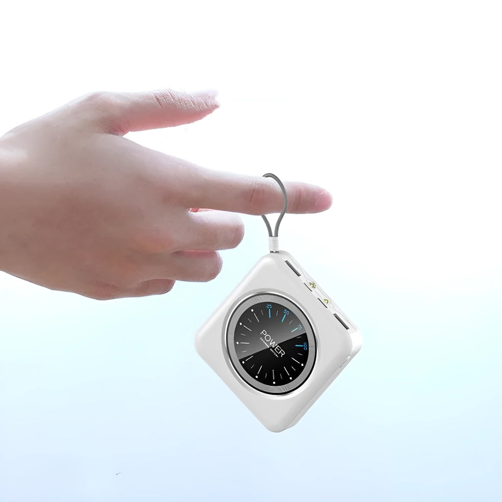 Mini clock portable power bank with alloy case in pink, black, green, or white, showing multi-U port.