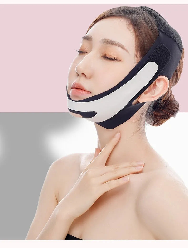 Pink and black elastic V-shaped face bandage for facial contouring and skincare support