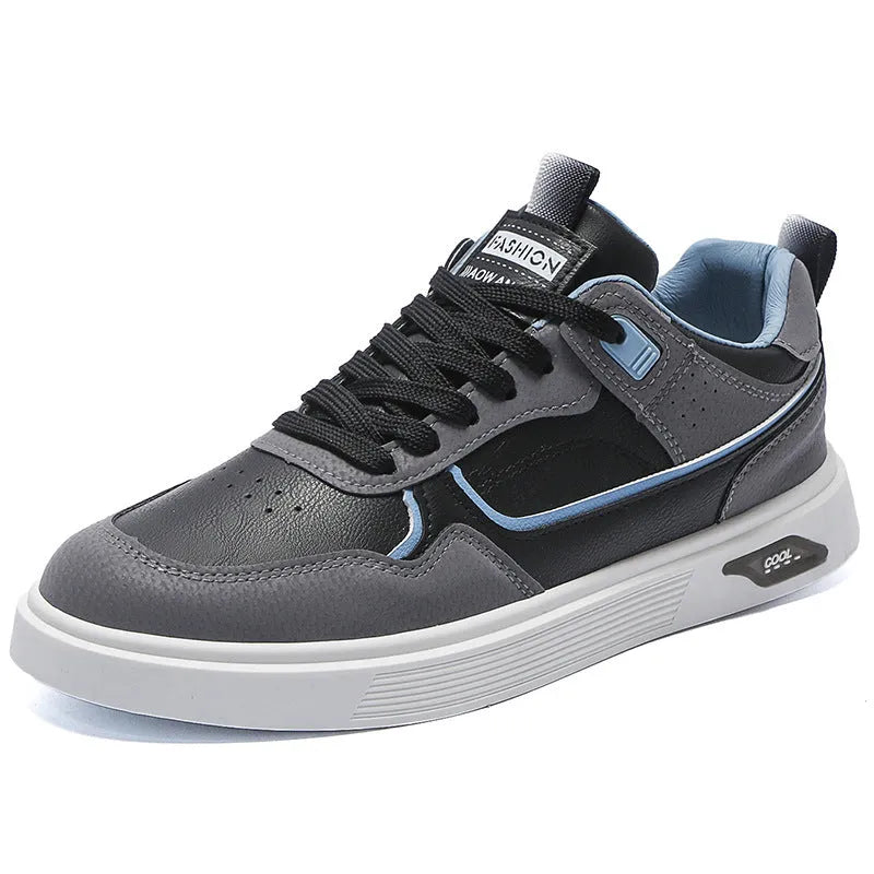 Men's low-top canvas board shoes in solid colours with leather stitching and mesh lining.