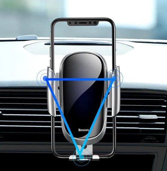 Universal smart car phone mounting bracket shown in black, blue, and silvery colour options on a car dashboard.