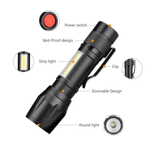 Small black aluminium alloy telescopic LED flashlight with adjustable focus and a pocket clip.