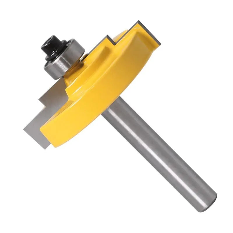 Carbide door and window step knife router bit with 47.62mm ball diameter, 8mm shank, and two flutes on a wooden workbench