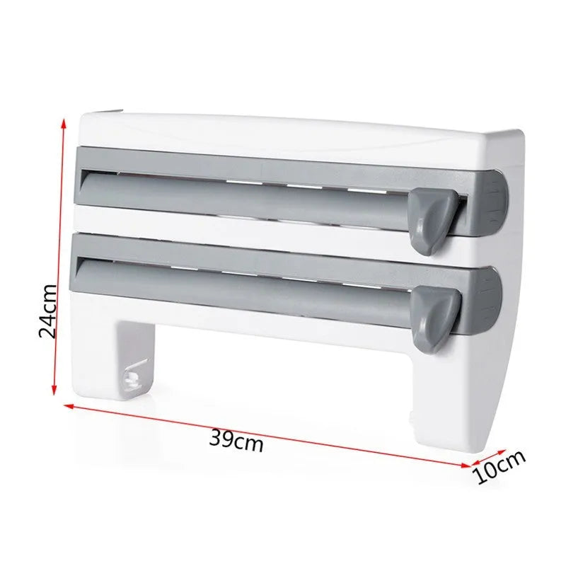 4-in-1 wall-mounted ABS kitchen roll holder dispenser for cling film, foil, tissue and paper towels, 39x10x24cm, in white