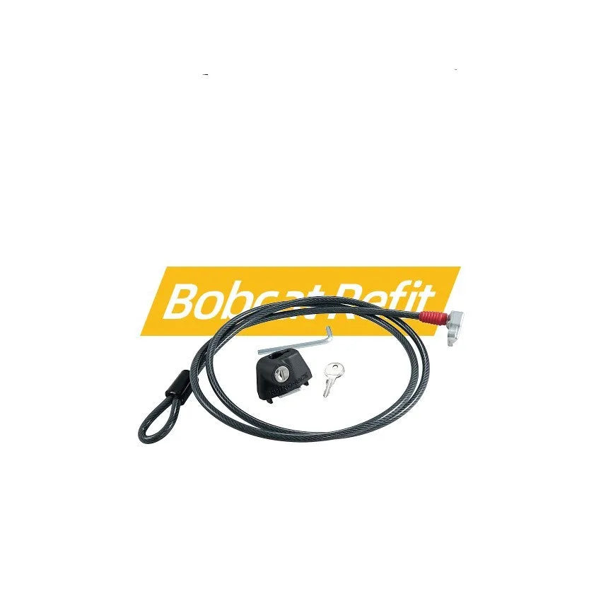 Roof platform steel cable lock with plastic sheath for securing camping kayaks and ladders.
