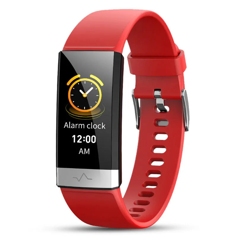 V19 smart fitness bracelet with colour screen shown in black, blue, and red colour options.