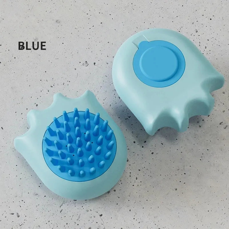 Blue pet bath brush with shampoo box for cat and dog washing, showing massage bristles and comb teeth