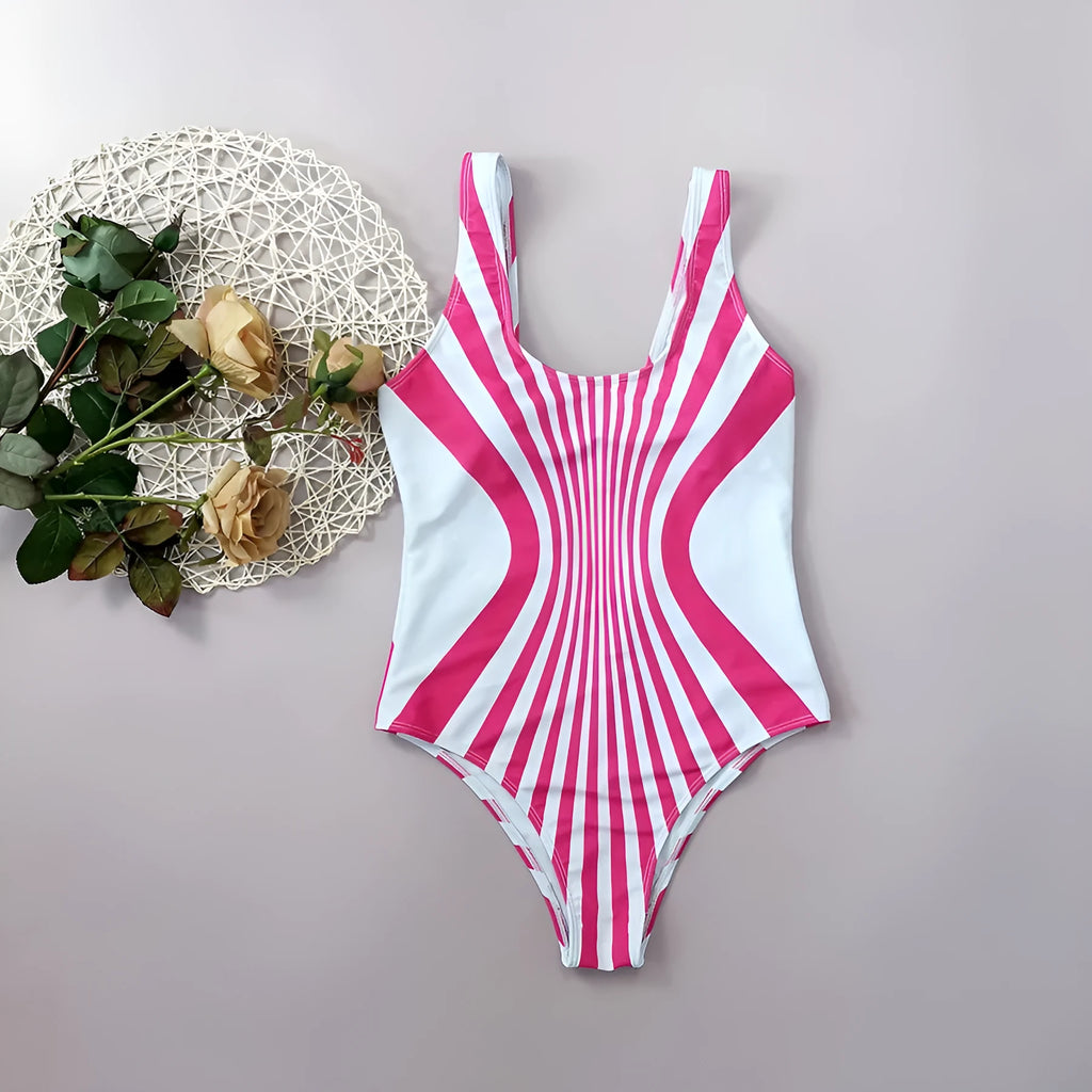 Pink striped women's one-piece swimsuit with digital printing on front and rear